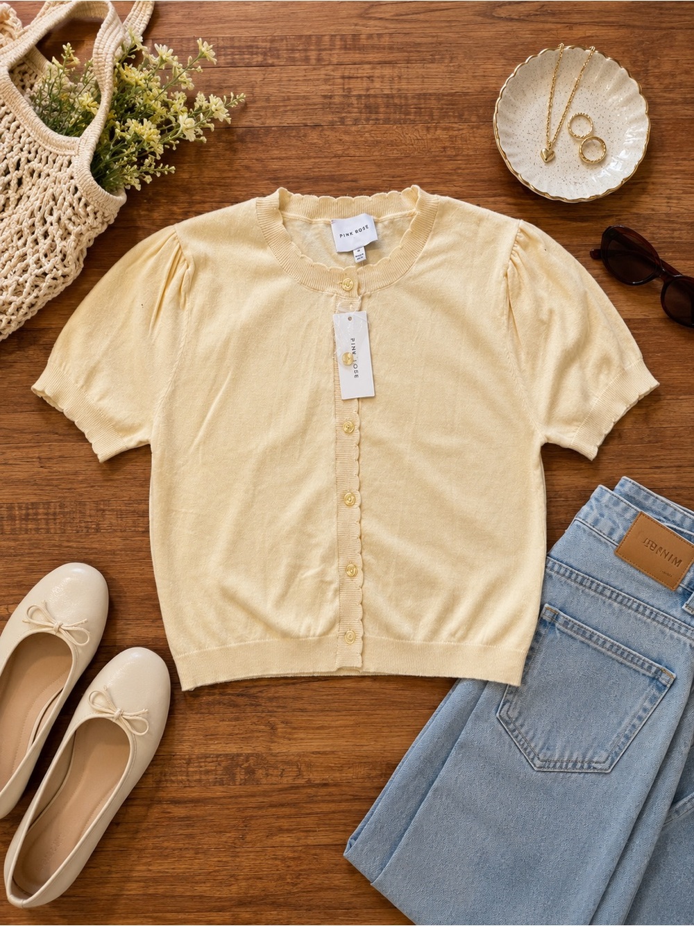 Pink Rose Soft Pale Yellow Button Cardigan NWT Sz Med (01)
